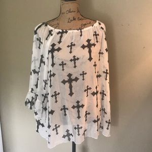 New R Rouge creme n black cross bell sleeve shirt